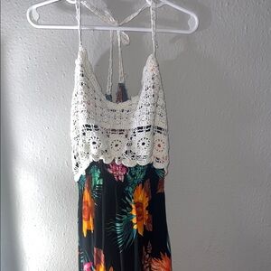 Floral Crochet Halter Top - White and Black